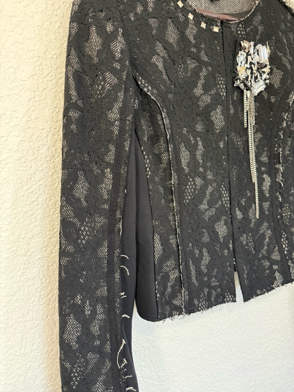 Express Lace Embellished Cropped Jacket | Black Evening Industrial | Size Small - Picture 7 of 16